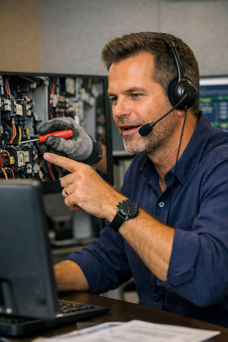 Remote expert wearing a headset, pointing at a technician's live camera feed to guide a repair